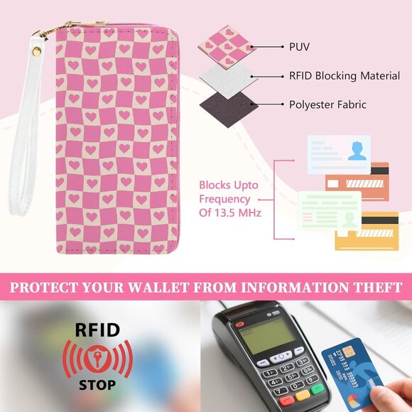 Pink plaid women's RFID blocking wristlet wallet, large capacity, zip around - Picture 5 of 7